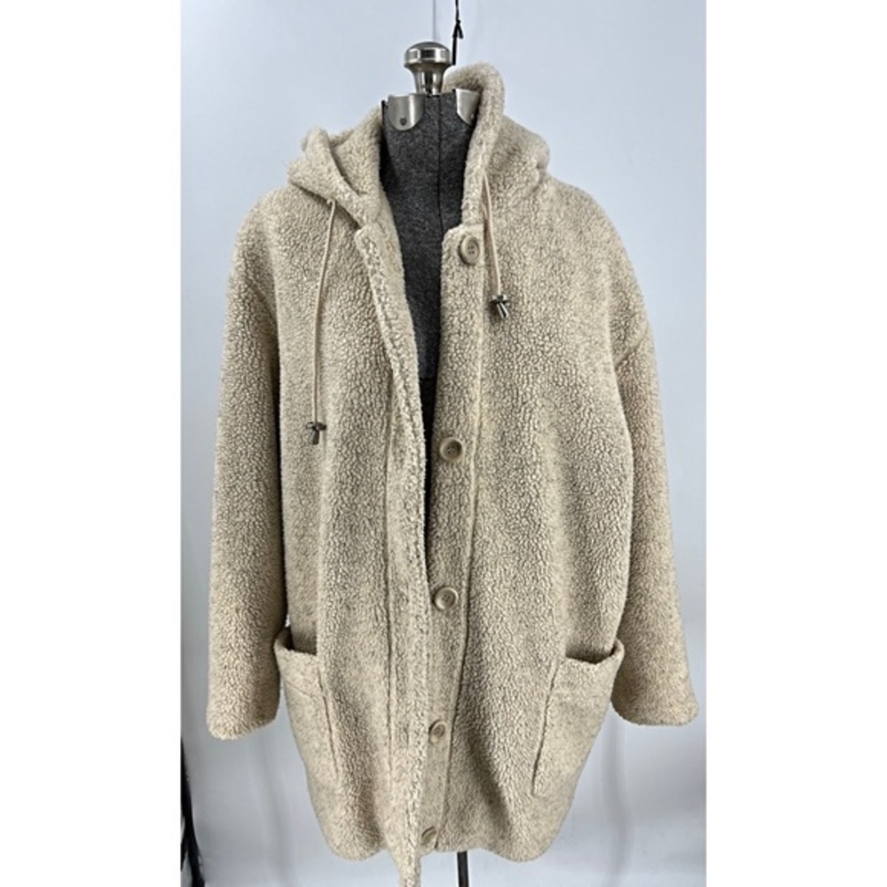 Sandro Paris Vintage Hooded Teddy Coat Oversized Cream Cozy Fleece XL